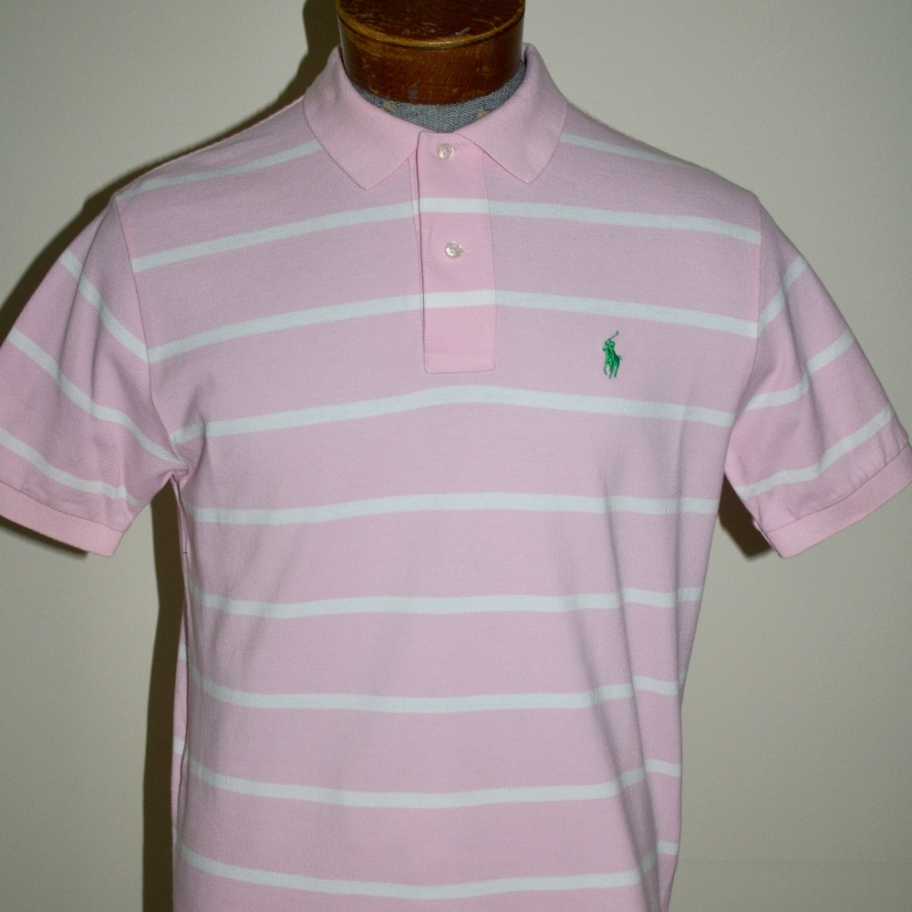 POLO RALPH LAUREN CLASSIC FIT PINK & WHITE STRIPE PIQUE POLO SHIRT MEDIUM